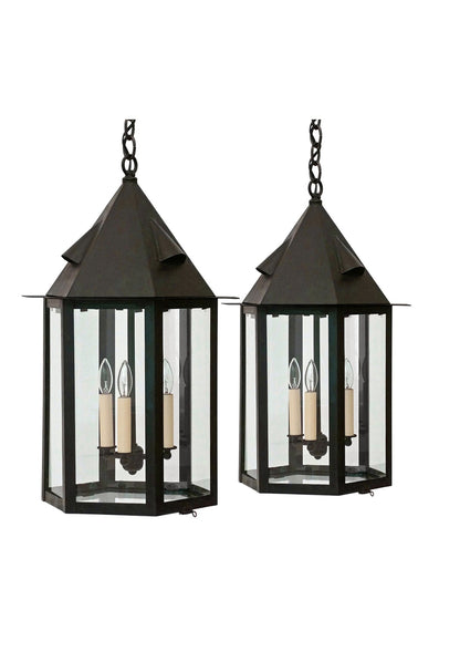 Pair of Hexagonal Blackened Metal Lanterns