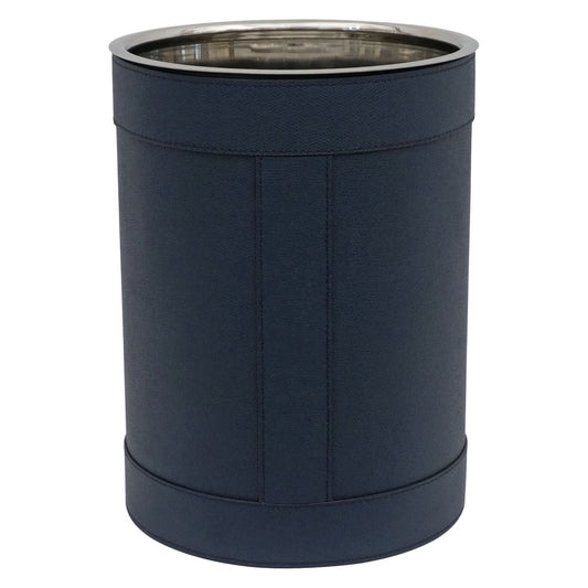 Dark Blue Stitched Leather Waste Paper Basket