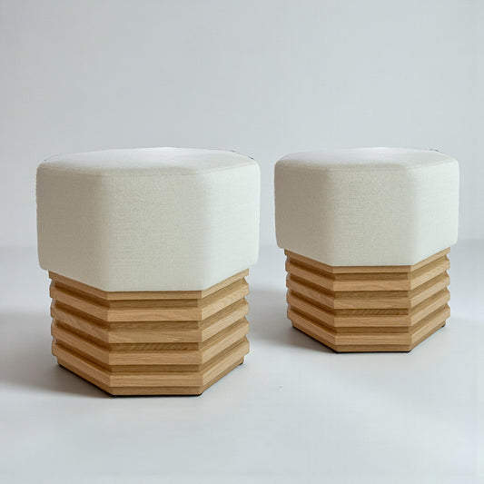 Pair of Octagonal Upholstered Light Oak Stools