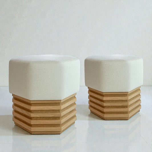 Pair of Octagonal Upholstered Light Oak Stools