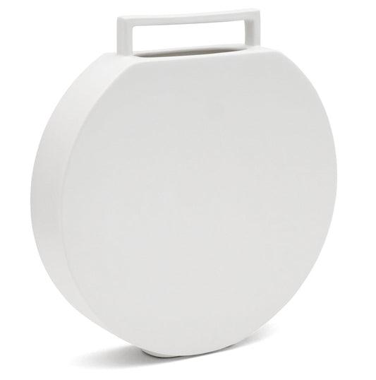 Circular Flat White Ceramic Vase with Handle