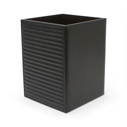 Ribbed Black Leather Waste Basket
