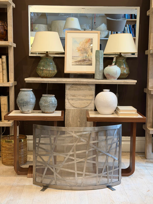 French Curved Steel and Mesh Fireplace Screen