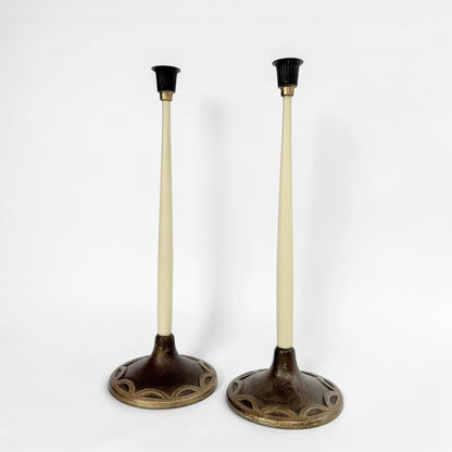 Pair of Bronze and Wood Art Deco Candlesticks