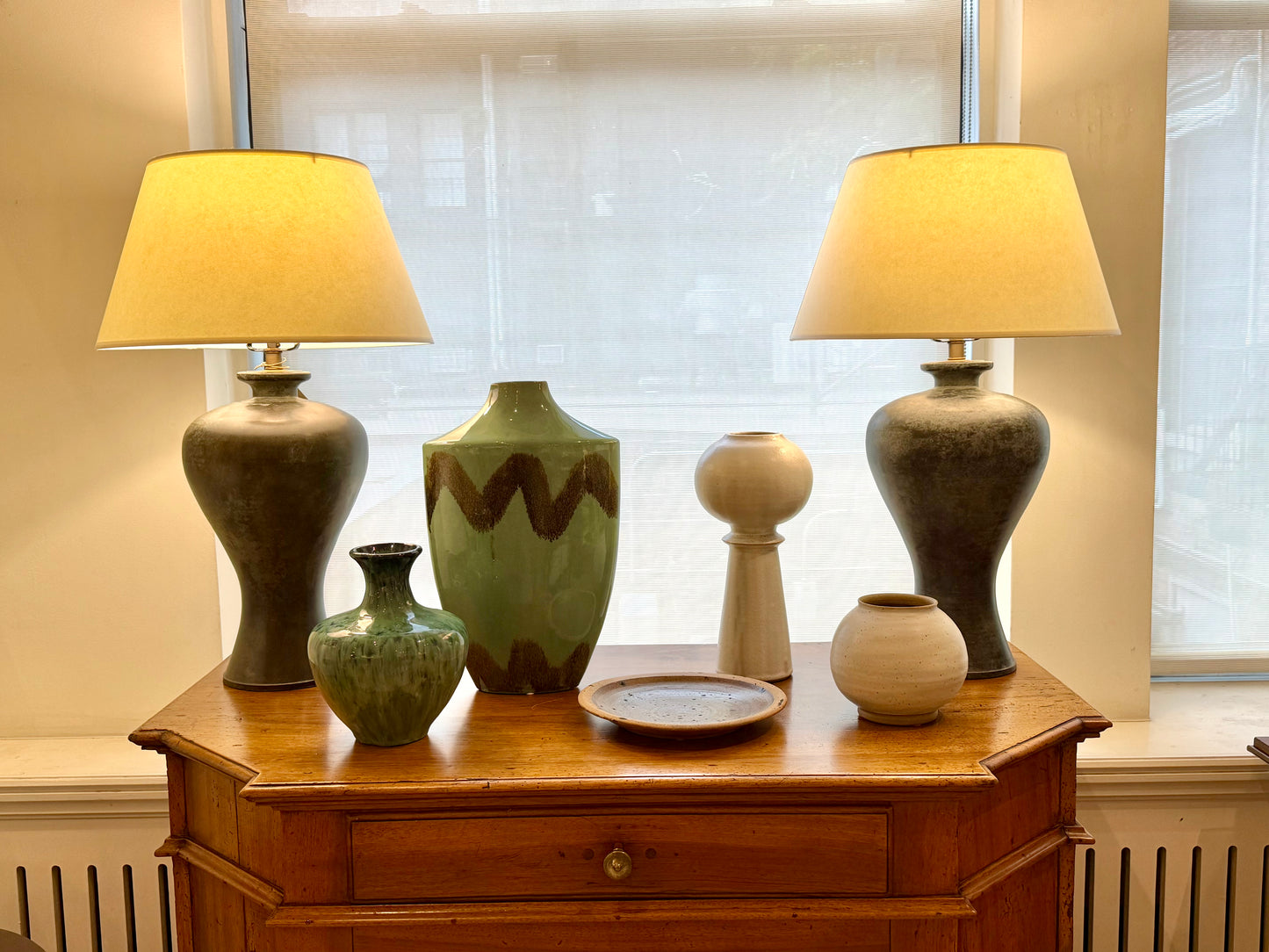 Light Green Ceramic Vase with Brown Decoration