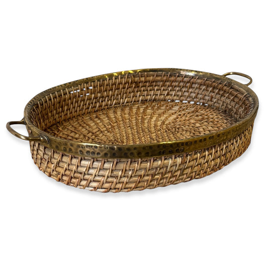 Oval Rattan and Brass Basket