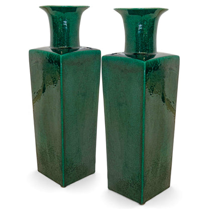 Pair of Tall Square Emerald Green Vases