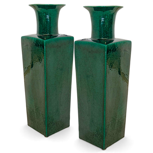 Pair of Tall Square Emerald Green Vases