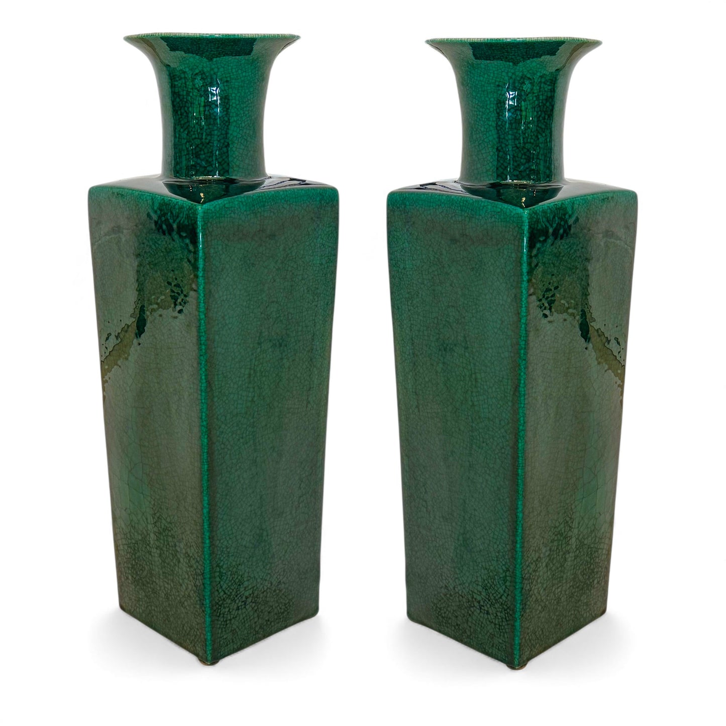 Pair of Tall Square Emerald Green Vases