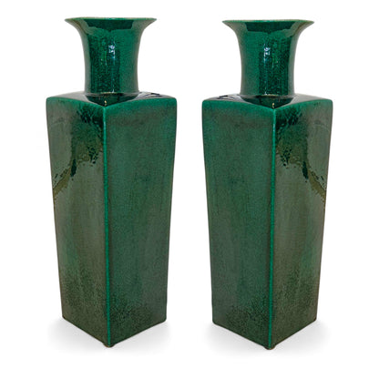 Pair of Tall Square Emerald Green Vases