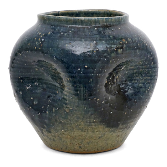 Round Blue Glazed Stoneware Vase