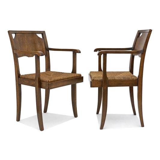 Pair of Oak Armchairs with Rush Seats