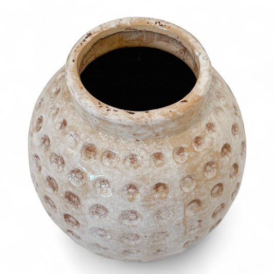 Beige Ceramic Vase with Indented Dots