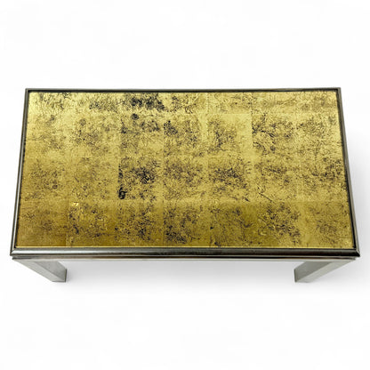 French Mid Century Coffee Table with Gilded Glass Top by Guy Lefevre