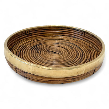 Circular Rattan Tray with Brass Trim