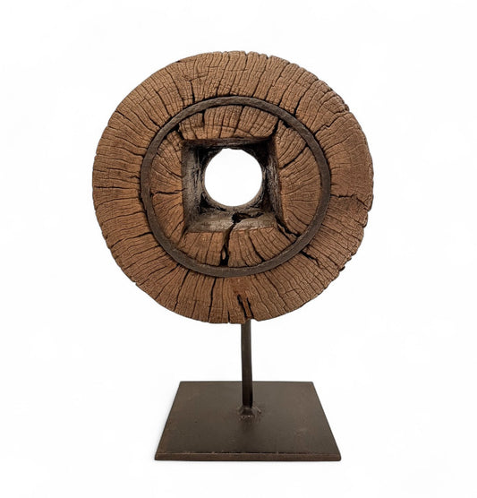 Rustic Wood Wheel Mounted on Stand
