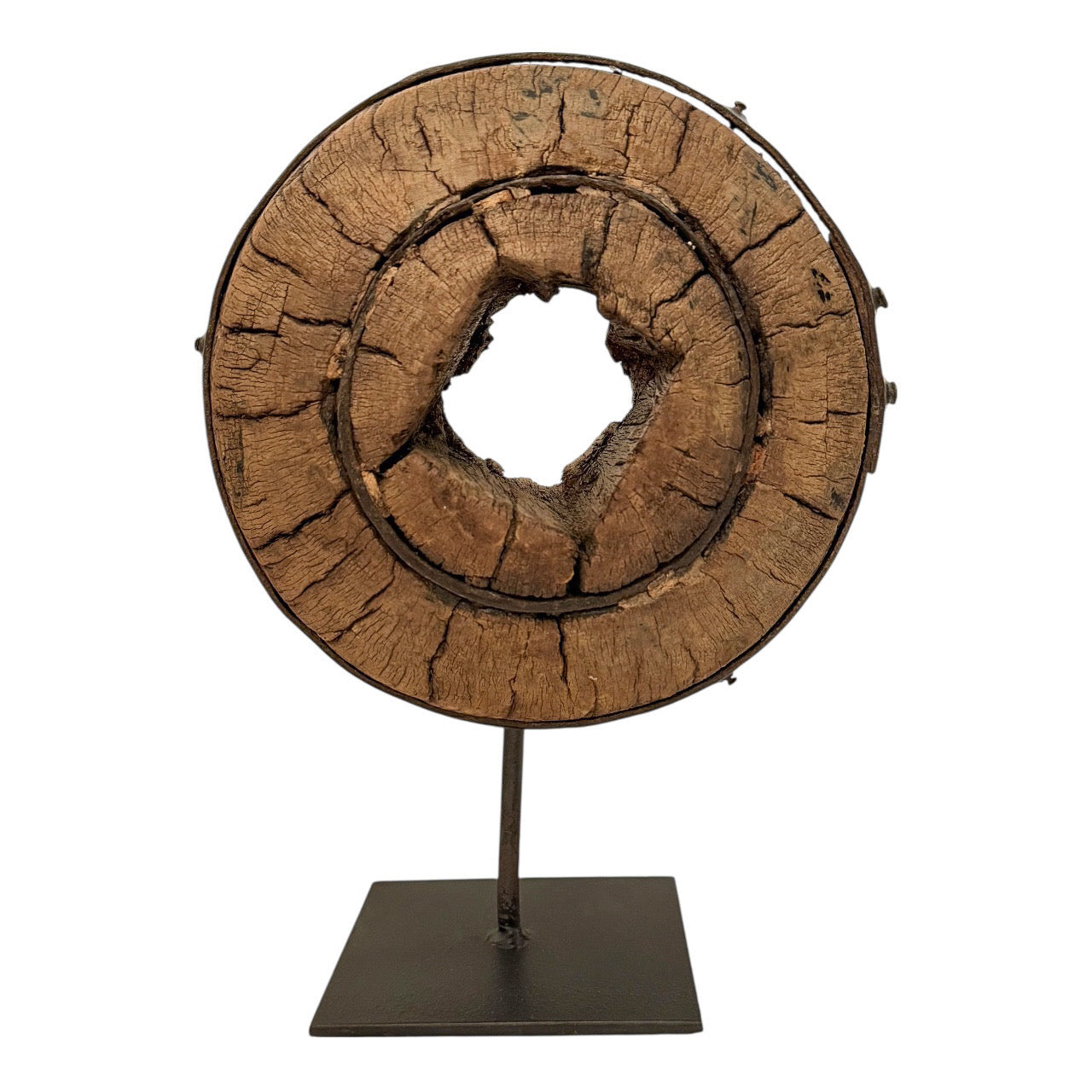 Rustic Wood Wheel Mounted on Stand