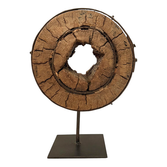 Rustic Wood Wheel Mounted on Stand