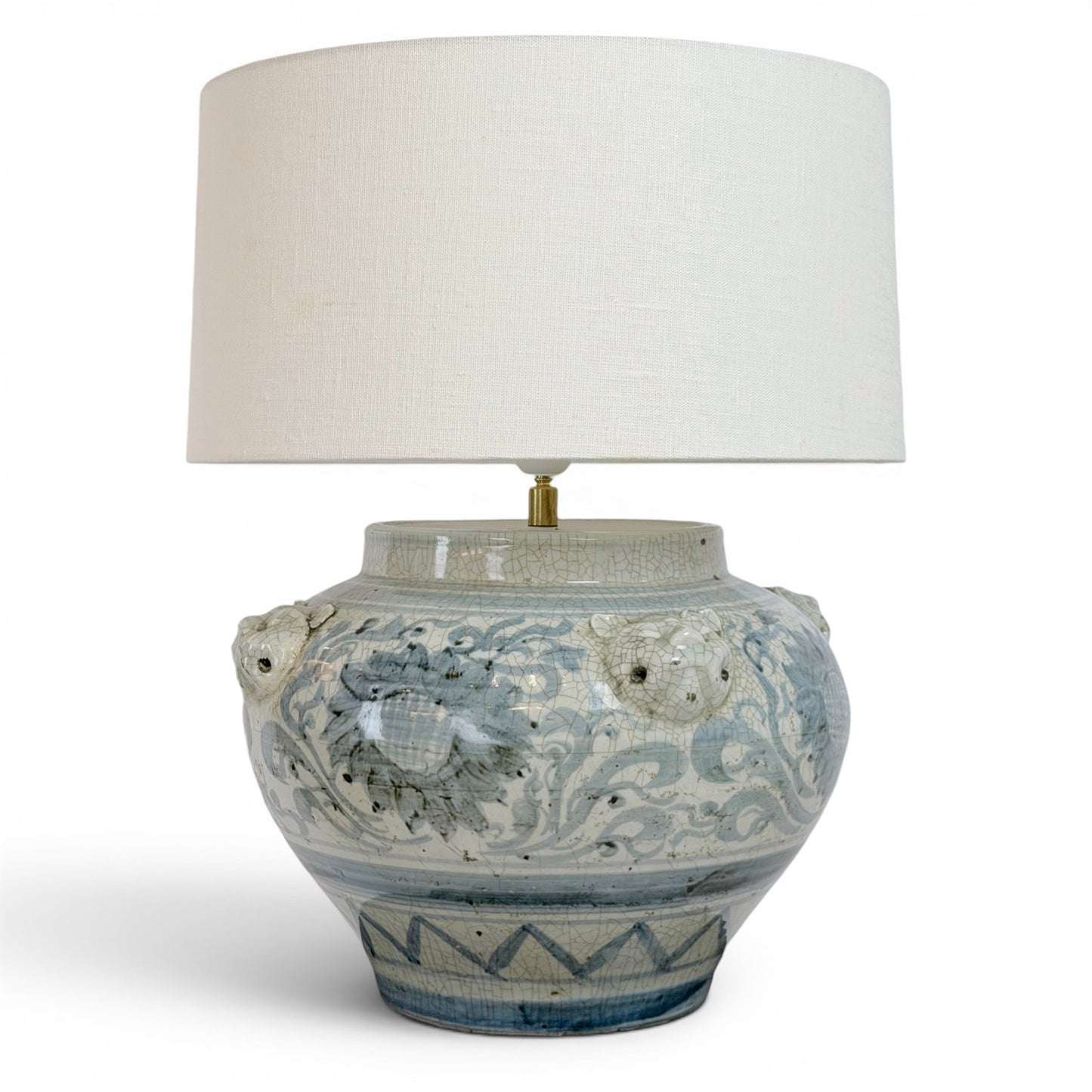 Blue and White Ceramic Lamp with Lion Heads