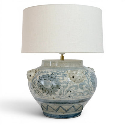 Blue and White Ceramic Lamp with Lion Heads