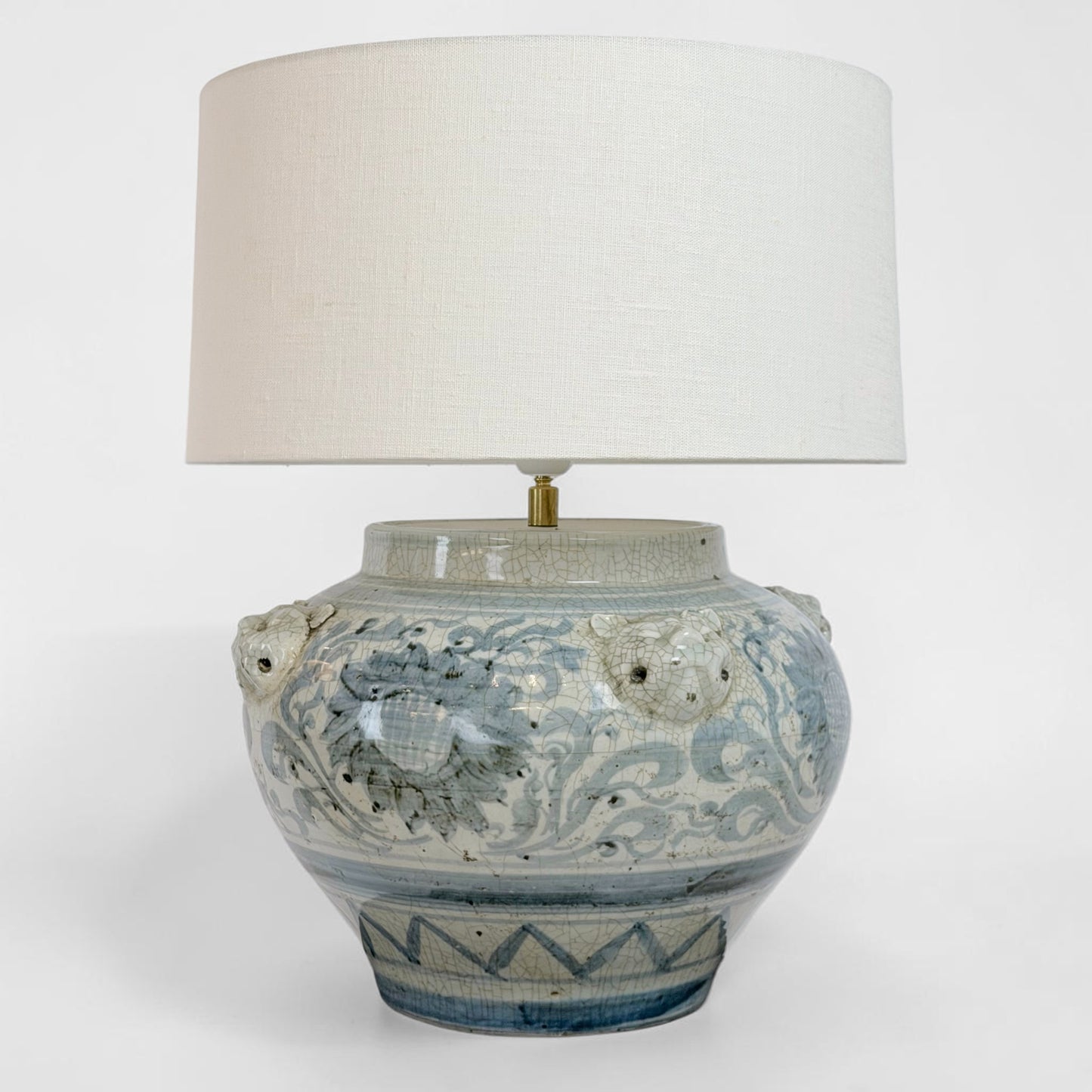 Blue and White Ceramic Lamp with Lion Heads
