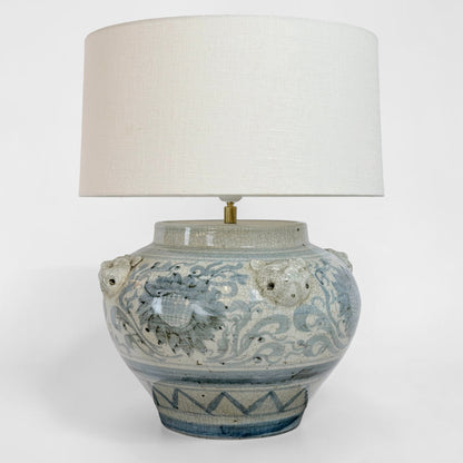 Blue and White Ceramic Lamp with Lion Heads