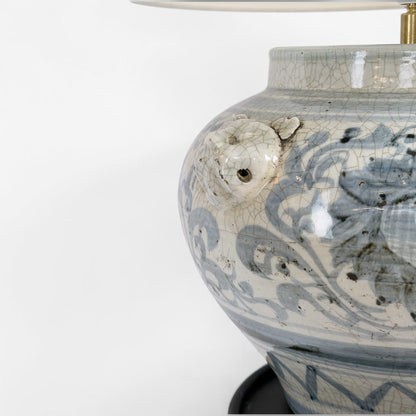 Blue and White Ceramic Lamp with Lion Heads