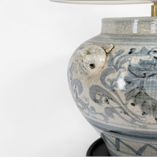Blue and White Ceramic Lamp with Lion Heads