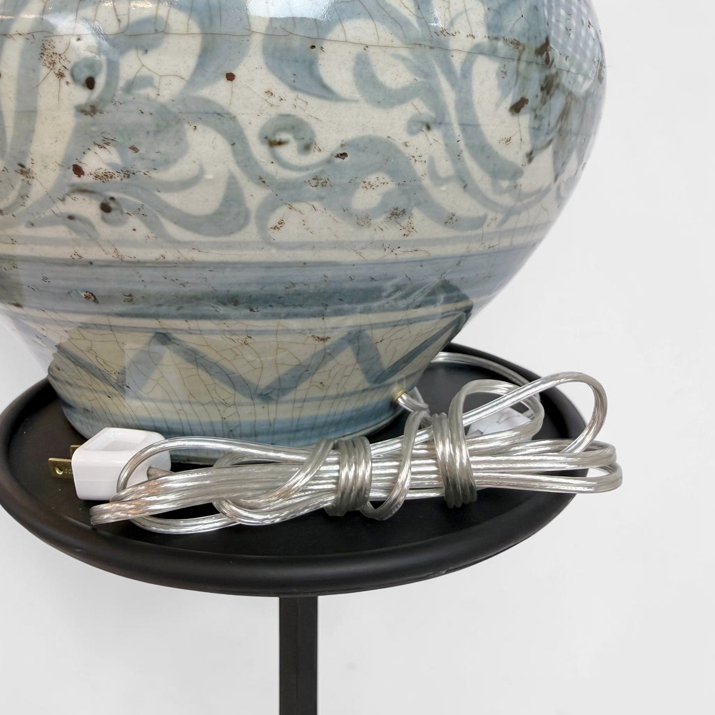 Blue and White Ceramic Lamp with Lion Heads