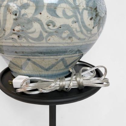 Blue and White Ceramic Lamp with Lion Heads