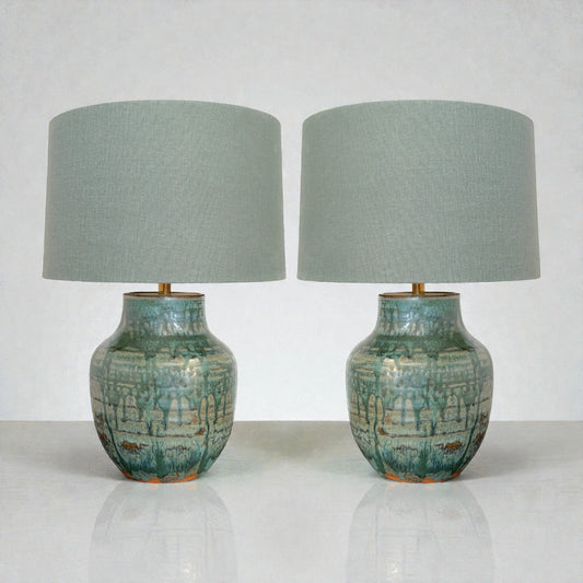 Pair of Green Drip Glazed Table Lamps