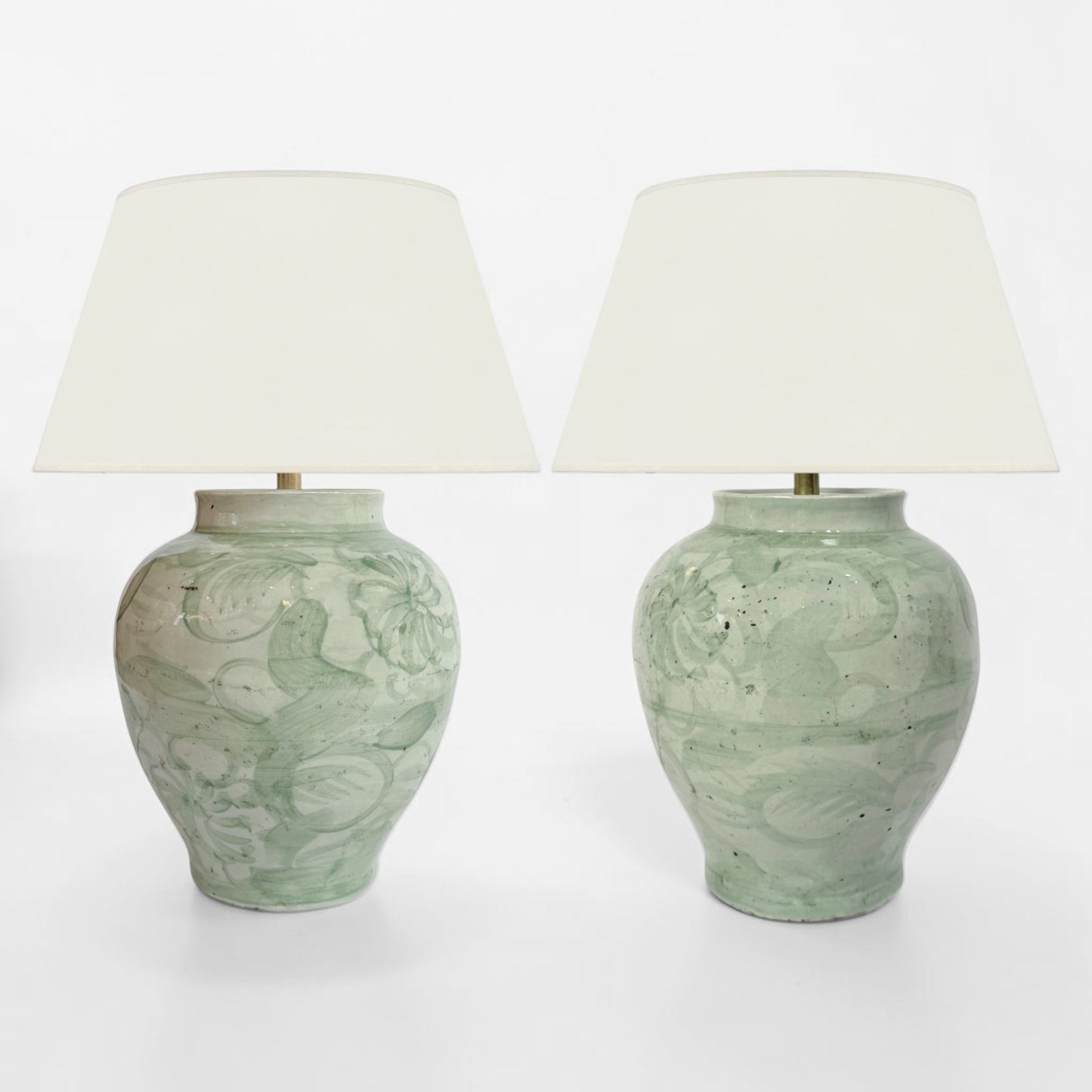 Pair of Light Green Chinoisrie Stoneware Lamps