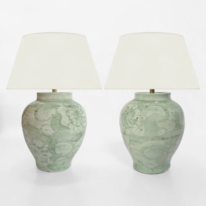 Pair of Light Green Chinoisrie Stoneware Lamps