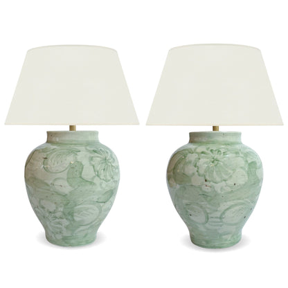 Pair of Light Green Chinoisrie Stoneware Lamps