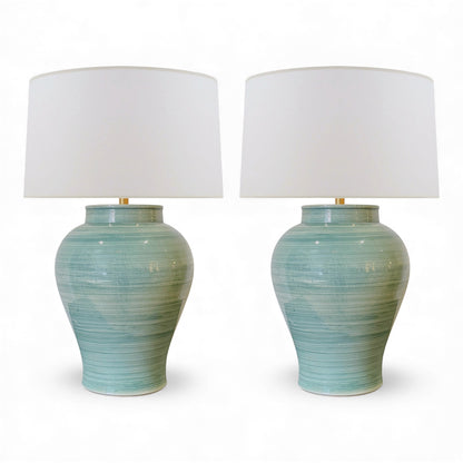 Pair of Green Stoneware Urn Shaped Table Lamps