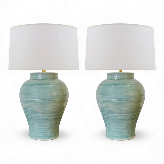 Pair of Green Stoneware Urn Shaped Table Lamps