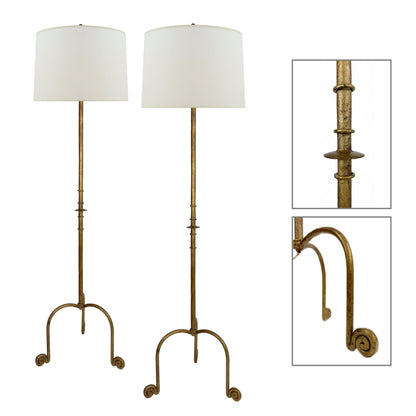 Pair of Gilt Iron Standing Lamps with Curled Feet