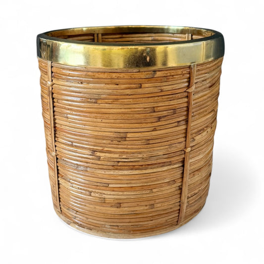 Rattan and Brass Rim Waste Paper Basket