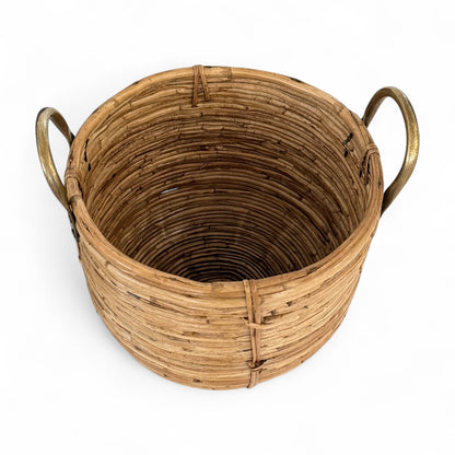 Vintage Rattan Basket with Brass Handles