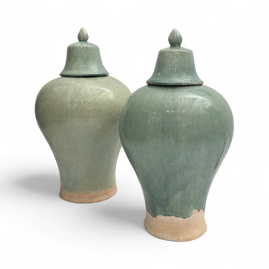 Pair of Celadon Stoneware Temple Jars