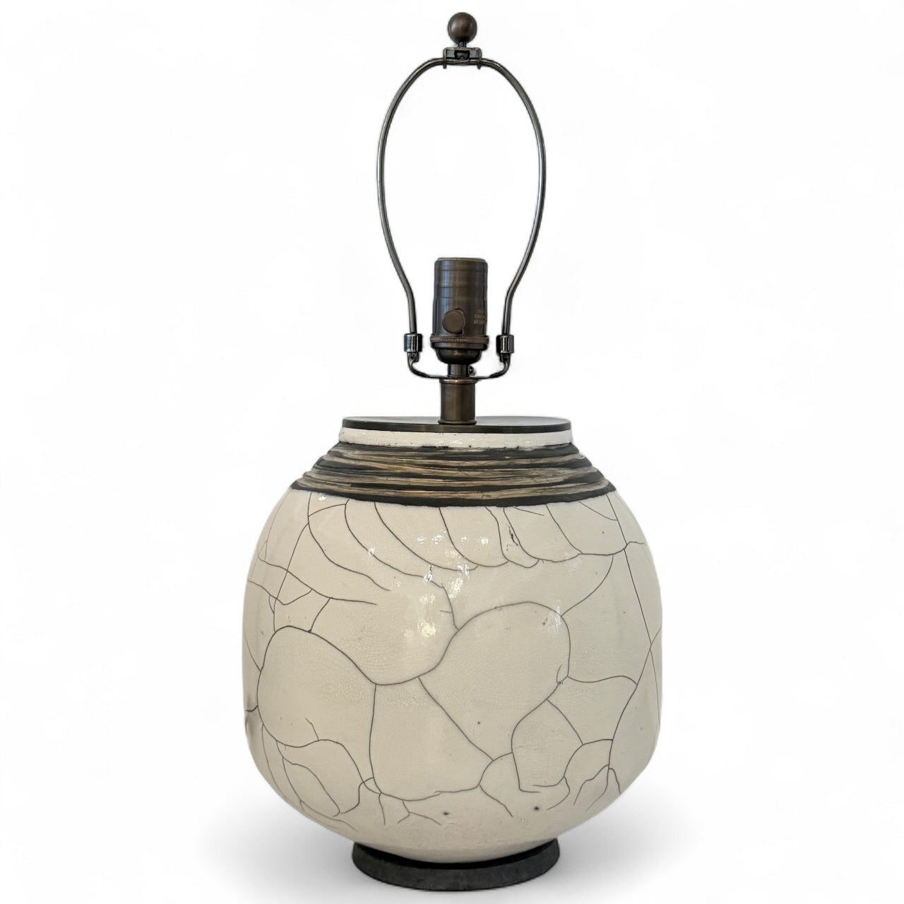 Round White Crackle Table Lamp with Black Rim