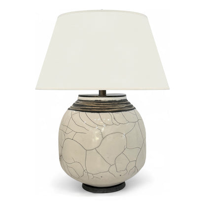 Round White Crackle Table Lamp with Black Rim