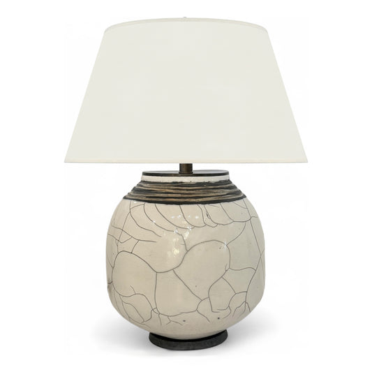 Round White Crackle Table Lamp with Black Rim