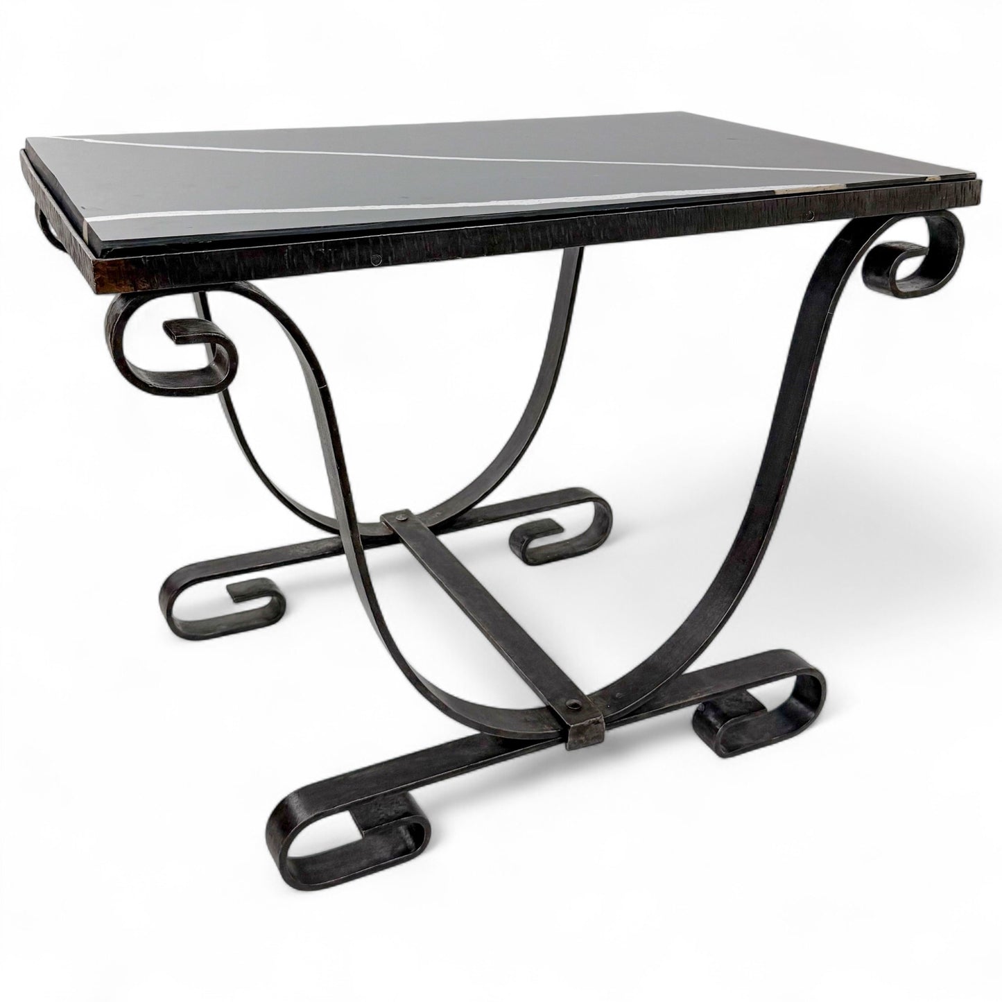 Iron Scroll Form Side Table with Black Marble Top