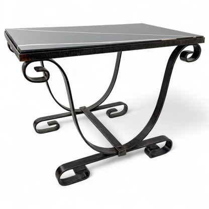 Iron Scroll Form Side Table with Black Marble Top