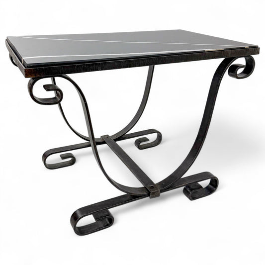 Iron Scroll Form Side Table with Black Marble Top