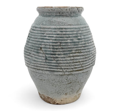 Rustic Ribbed Blue Stoneware Vase