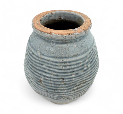 Rustic Ribbed Blue Stoneware Vase