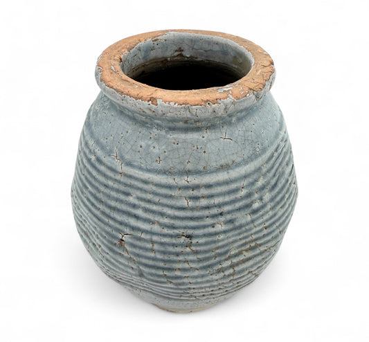 Rustic Ribbed Blue Stoneware Vase