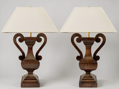 Pair of French Carved Wood Urn-Form Table Lamps, circa 1960